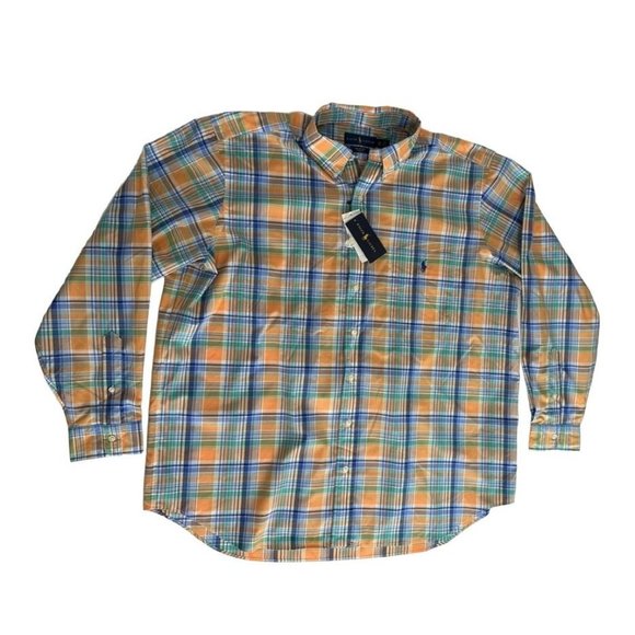 RALPH LAUREN Button Down Plaid Shirt Orange Blue Stretch Fit Long Sleeve Sz 1XB - Picture 1 of 5